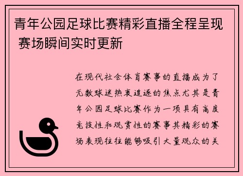 青年公园足球比赛精彩直播全程呈现 赛场瞬间实时更新